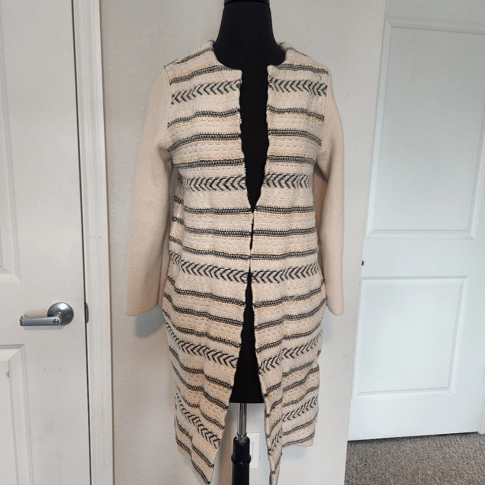 Tory Burch Cream and Black Open-Front Cardigan